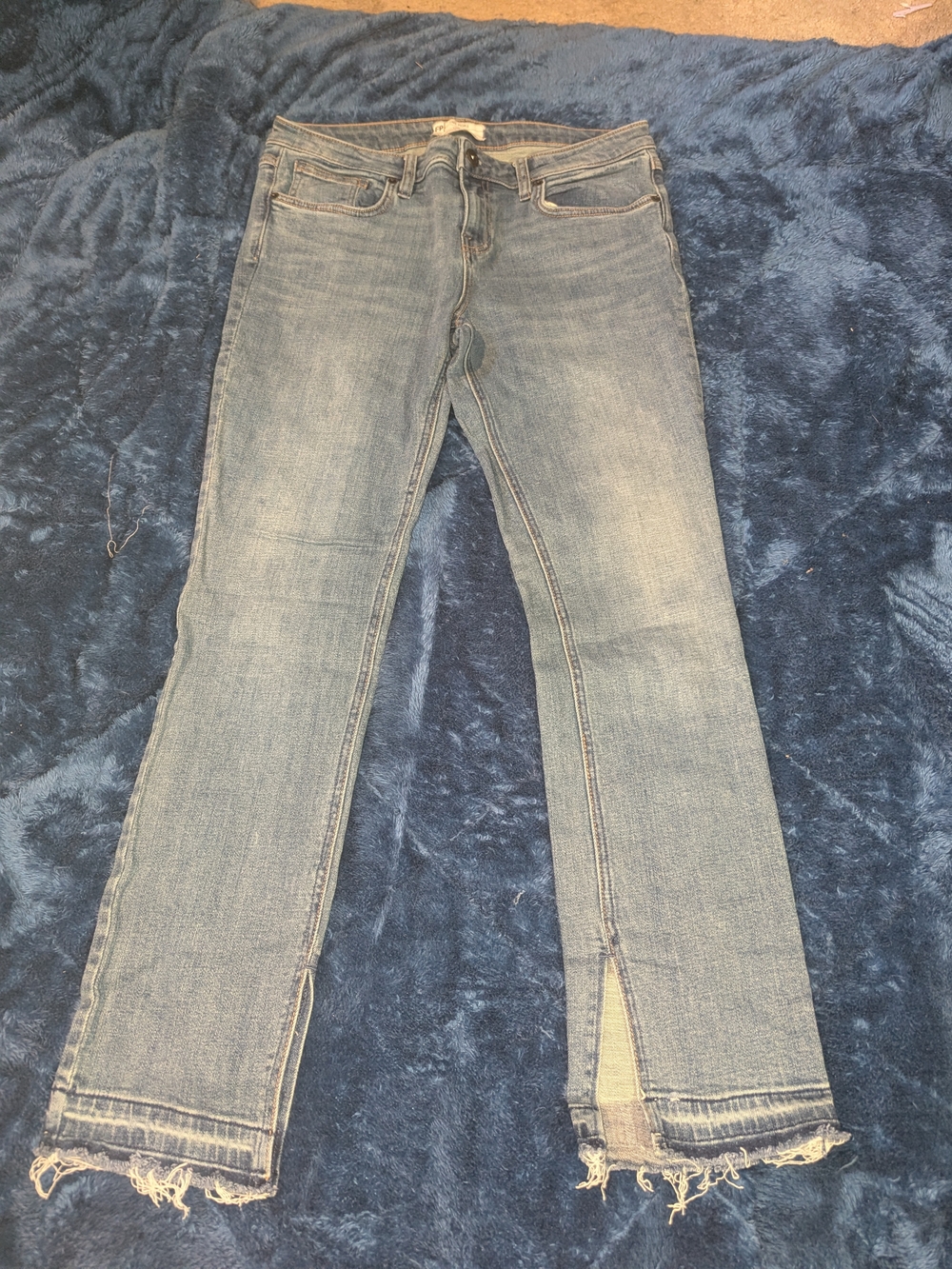 Free People Light Blue Straight-Leg Jeans with Raw Hem Slits